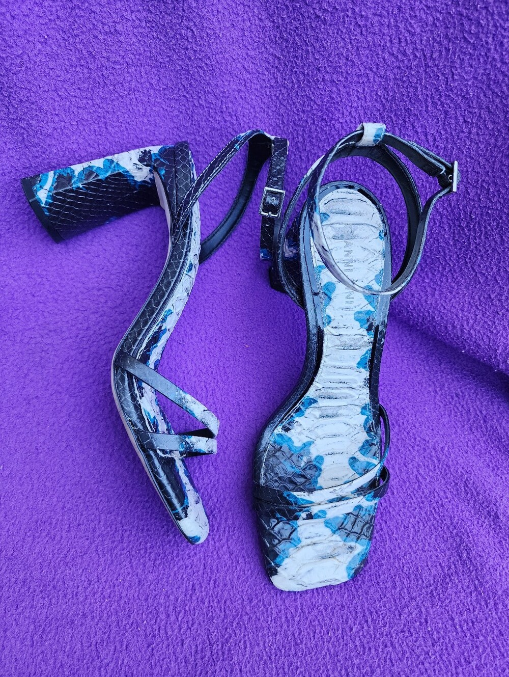 Blue Snakeprint Strappy Block Heel Sandals